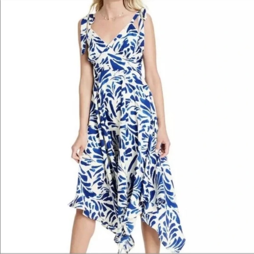 ALEXIS Blue Botanical Tie Strap Asymmetrical Hem Dress Size Small